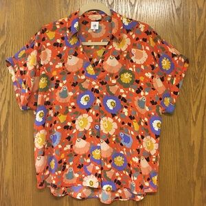 CAbi Women’s Short Sleeve Orange Floral Collared V-Neck Pullover Blouse Size XXL